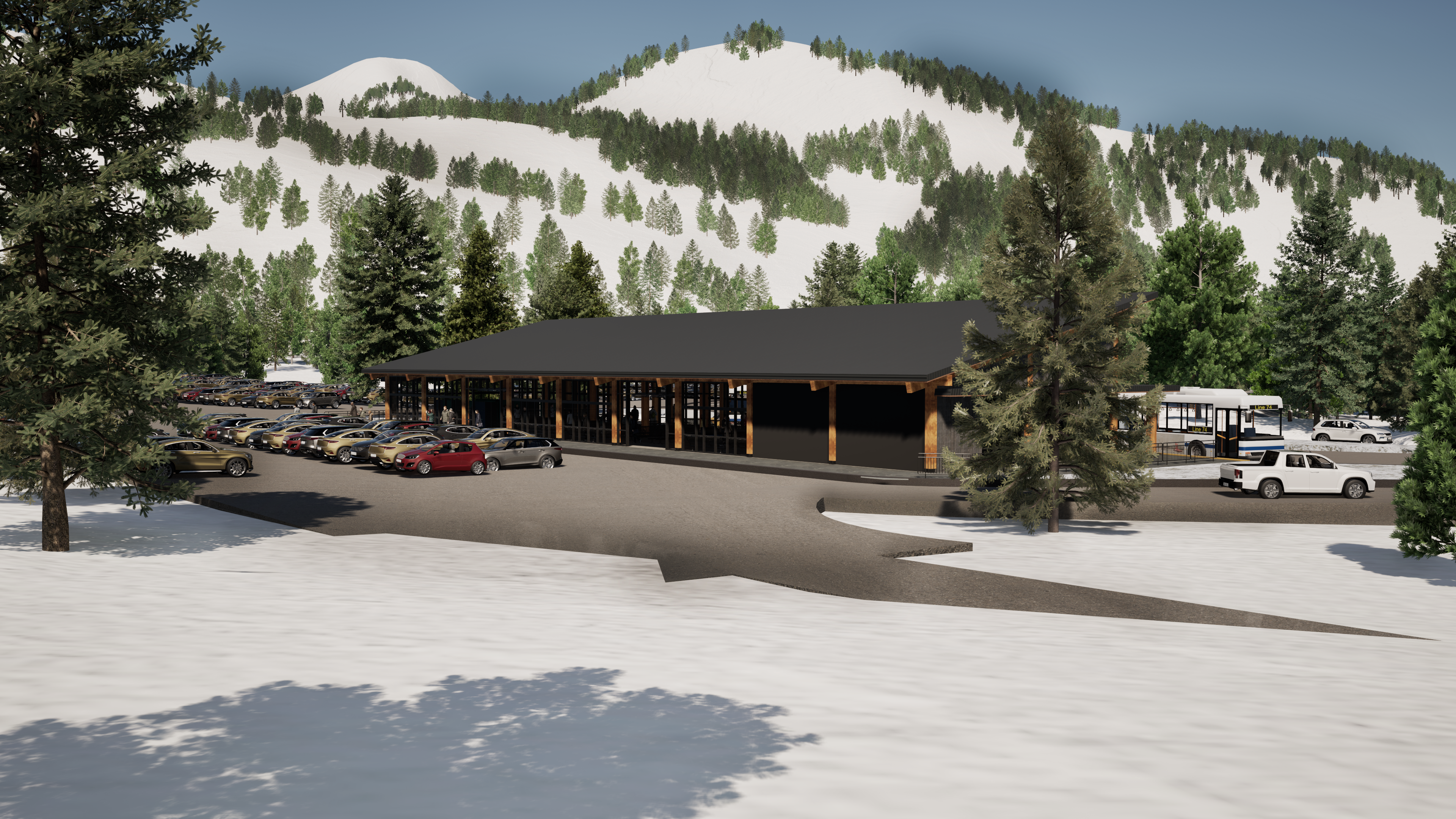 Rendering of the outside structure of a new bus station near one of the ski resorts in the canyon. Showing the building and small parking lot in the foreground, with white capped mountains in the background.