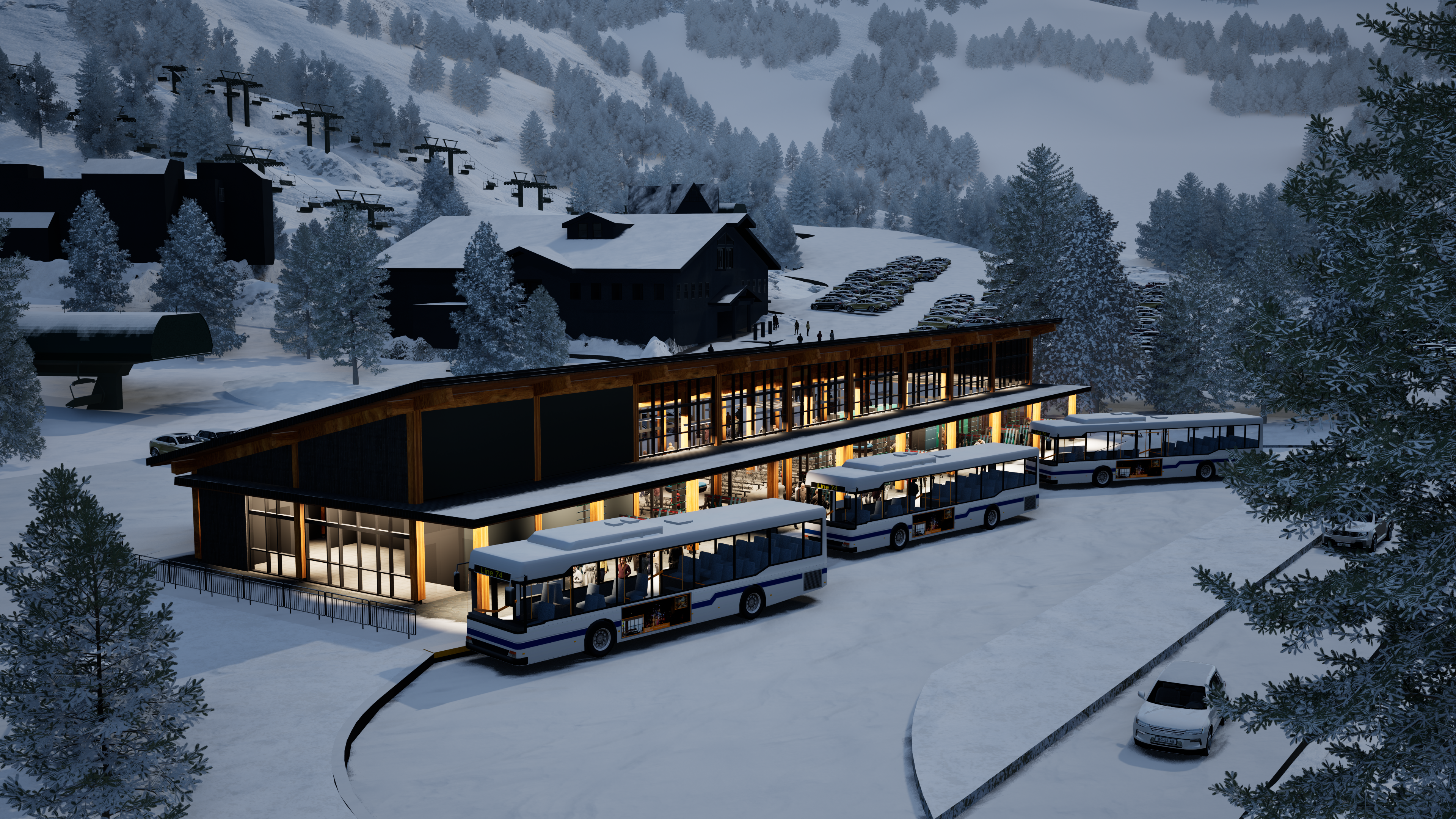 Rendering of the outside structure of a new bus station near one of the ski resorts in the canyon. Showing the building with multiple buses parked in front of it, with ski resort buildings with snow covered roofs in the background.