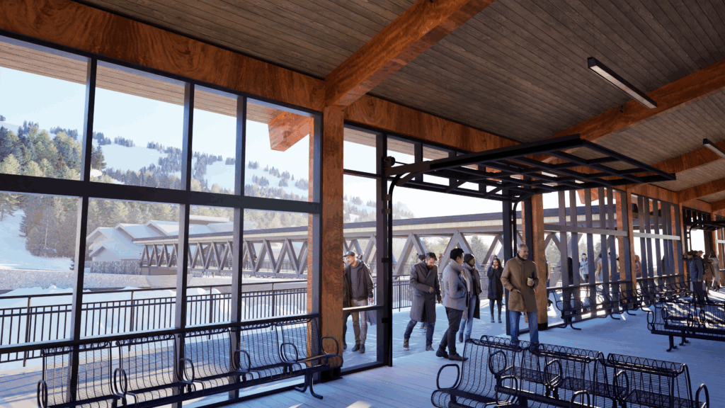 Rendering of the inside of a new bus station near one of the ski resorts in the canyon. Showing large glass windows with a garage style glass door that is raised for people to freely enter and exit the building.