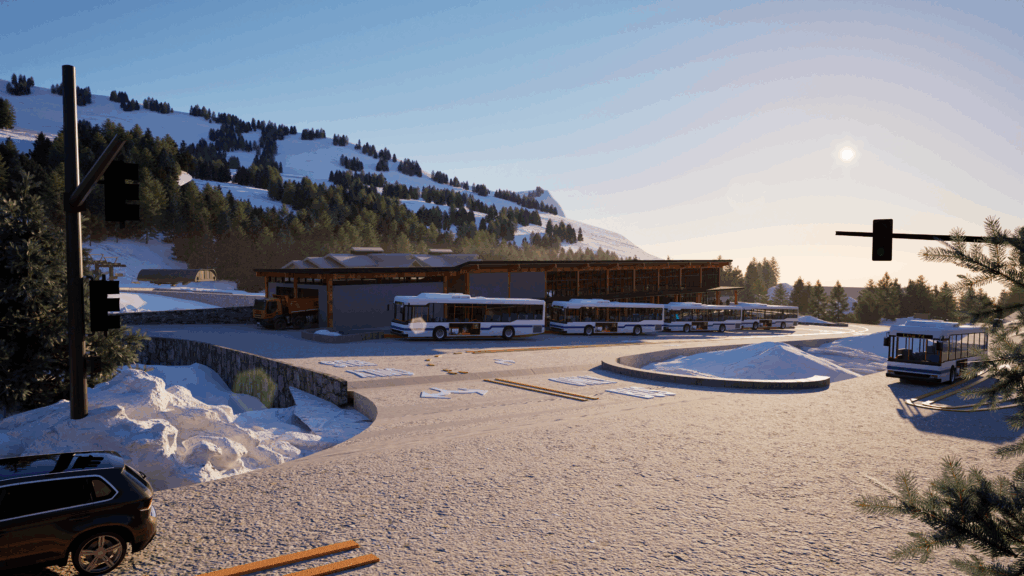 Rendering of the outside structure of a new bus station near one of the ski resorts in the canyon. Showing a new road in the foreground and a building with multiple buses parked in front of it in the background.