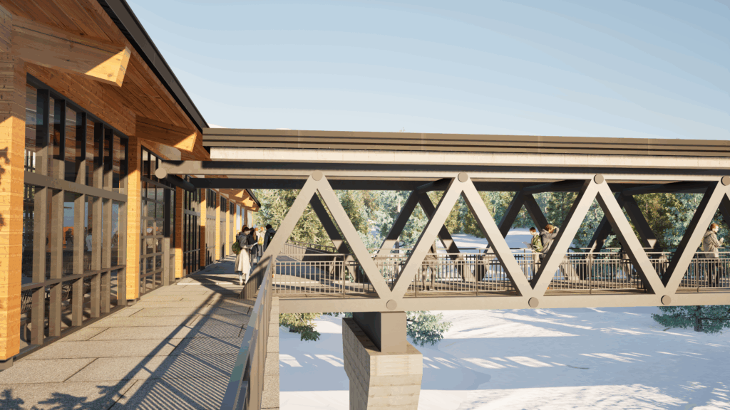 Rendering of the outside structure of a new bus station near one of the ski resorts in the canyon. Showing a building with window lined walls and a open sky bridge going over the snow covered river bed, with people walking both towards the bus stop, as well as towards the ski resourt.