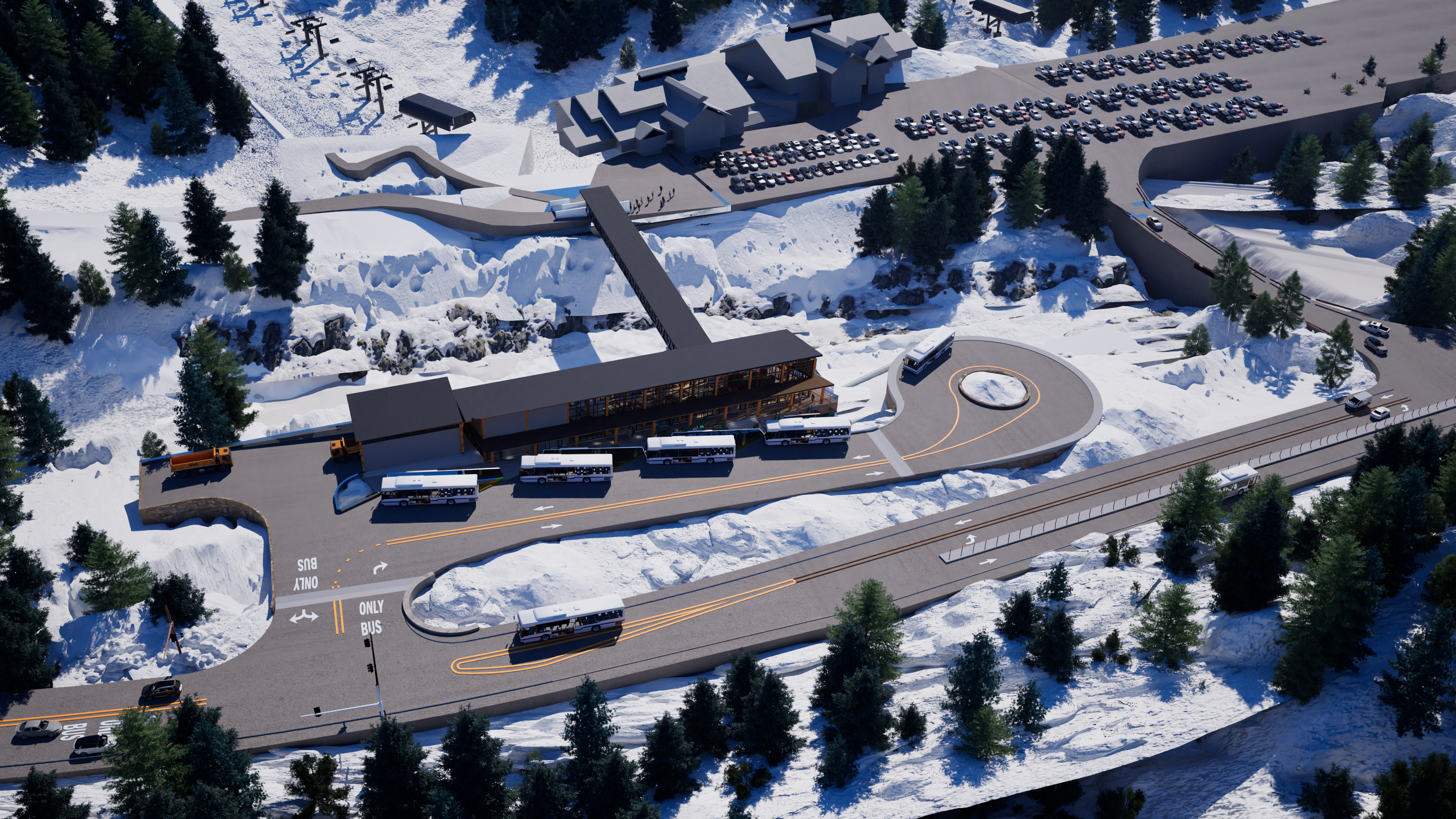 An aerial rendering of a new bus station near one of the ski resorts in the canyon. Showing the building with multiple buses parked in front of it, with a ski lift in the background.